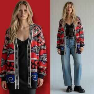 Farm Rio Art to Wear Fair Isle Knit Cardigan Sweater Hearts Fish Waves Small